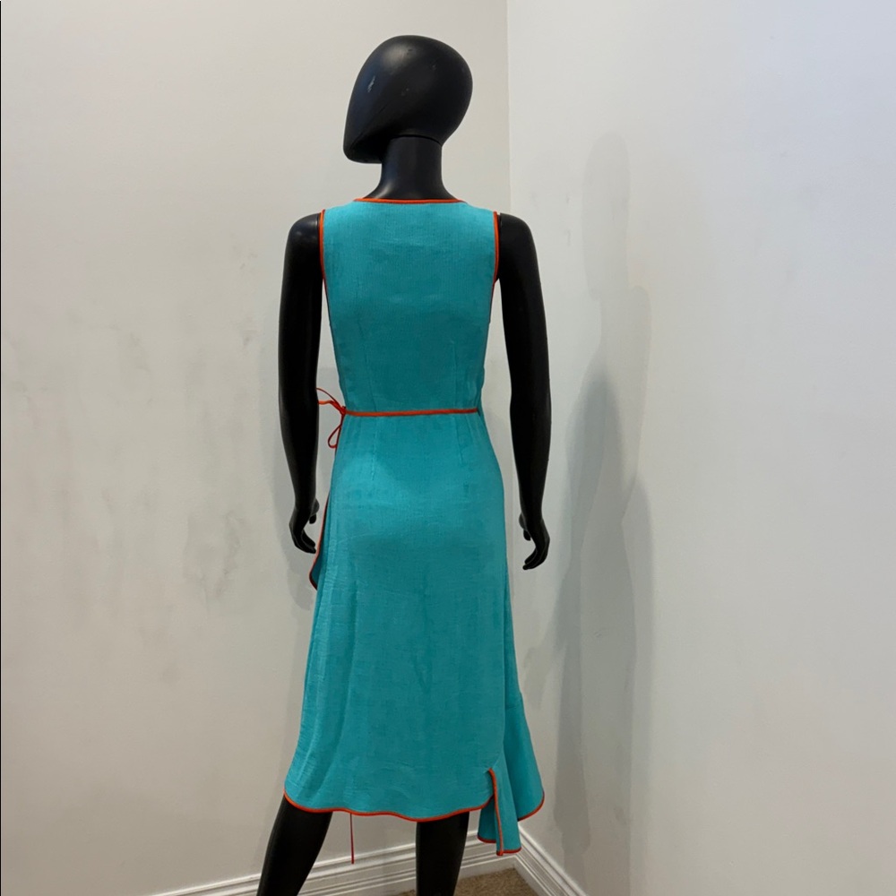 DIANE VON FURSTENBERG Turquoise Wrap Dress Orange Trim trending Luxury DVF 2 NEW - Picture 8 of 11